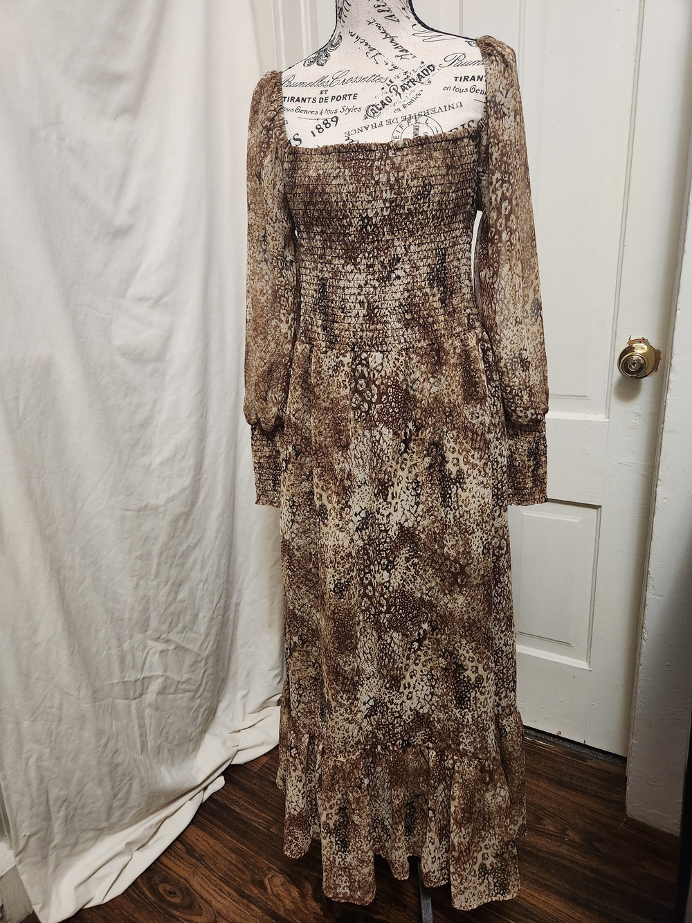 Betsey Johnson Animal-Print Smocked Ruffled Maxi with Sheer Sleeves Sz M NWOT